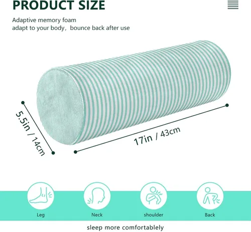 Vista 3 de Qilmy Blue White Stripes Neck Roll Pillow, Memory Foam Round Pillow Cylinder Bolster Pillow for Sleeping, Cervical Roll Pillows for Pain Relief