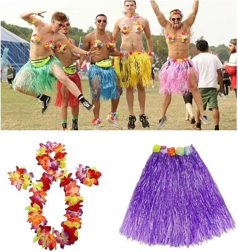 Vista 2 de Faldas de hierba para adultos, falda hula talla grande, disfraz de fiesta hawaiana Luau Dance Hawaiian Party Costume cintura elástica, Púrpura