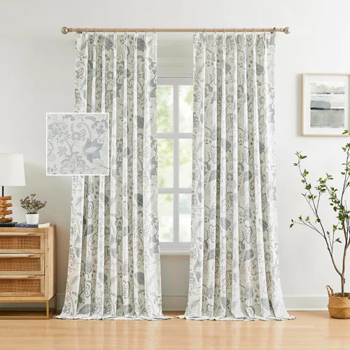 Vista 12 de Kayne Studio Paneles de cortina 100% opaca azul gris con estampado de hojas botánicas, cortinas florales de estilo granja para sala de estar y Azul