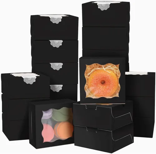 Vista 8 de Bakepacker 60 cajas de papel kraft para panadería con ventana de 6 x 6 x 3 pulgadas de grosor y resistentes cajas de pastelería de macarrones