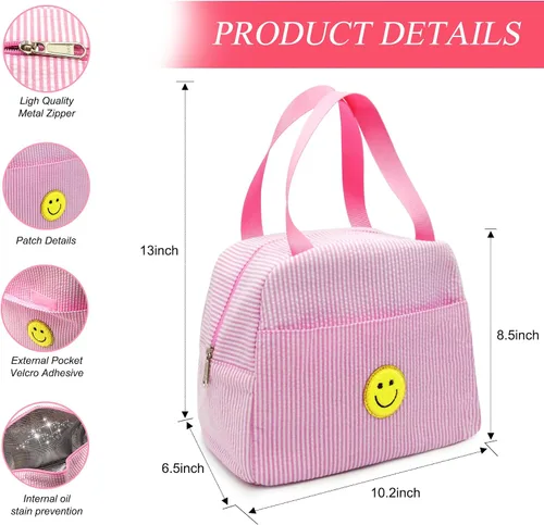 Vista 5 de Lonchera para mujeres, niñas y hombres, lindas bolsas de felpilla con cara sonriente, reutilizable, aislada, gran capacidad, reutilizable, aislada