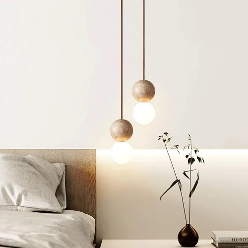 Vista 3 de Moderna lámpara colgante de mármol con forma de globo, mini iluminación colgante de techo de piedra natural, cable ajustable de cúpula E27/E26