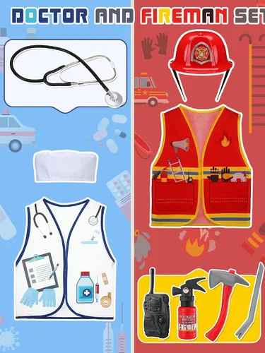 Vista 4 de Hungdao 6 juegos de disfraces para niños, disfraz para niños pequeños de 6 a 10 años para disfrazarse de policía, bombero, médico, trabajador
