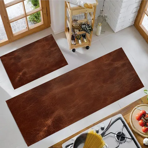 Vista 3 de Kitchen Mats for Floor 2 Piece Set Abstract Leather Texture Non Slip Kitchen Rugs Washable Retro Aesthetics Floor Mats Rust Brown Area Rug Runner