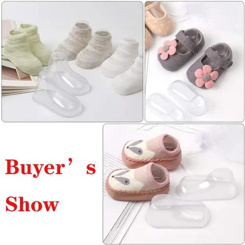 Vista 6 de 50 piezas de plástico transparente para pies de bebé botines de bebé calcetines de ganchillo escaparate zapatos para niños pequeños soporte