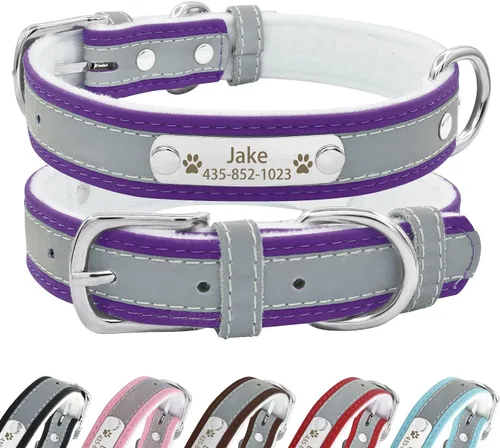 Vista 21 de Collar de perro de cuero reflectante personalizado con forro cálido, collar de perro personalizado con placa de nombre grabada para perros y gatos