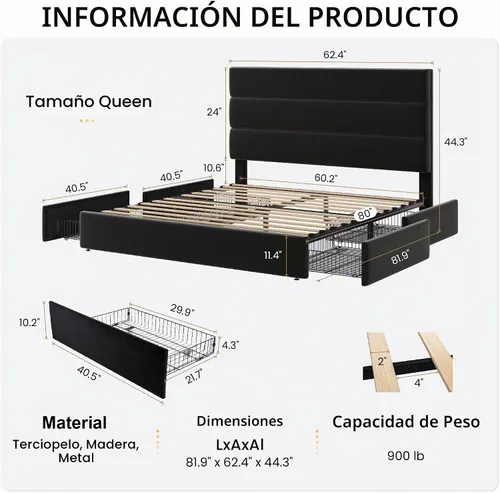 Vista 2 de SHA CERLIN Base de cama de plataforma tamaño Queen con 4 cajones de Negro
