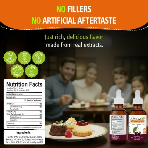 Vista 2 de Stevia Select Sabor a Cereza Negra Líquido de Stevia – Edulcorante Cero Calorías para Café, Té, Bebidas y Horneado, 100% Natural, Sin Eritritol