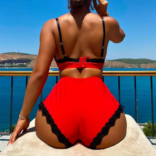 Vista 5 de Lencería sexy para mujer, talla grande, ropa interior erótica, sujetador+bragas, conjunto de 2 piezas, camisón para sexo, juego travieso, rojo, Rojo
