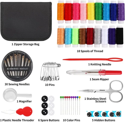 Vista 2 de Marcoon Kit de costura para adultos, kit de aguja e hilo con suministros de costura y accesorios que contiene tijeras, cinta métrica, desgarrador