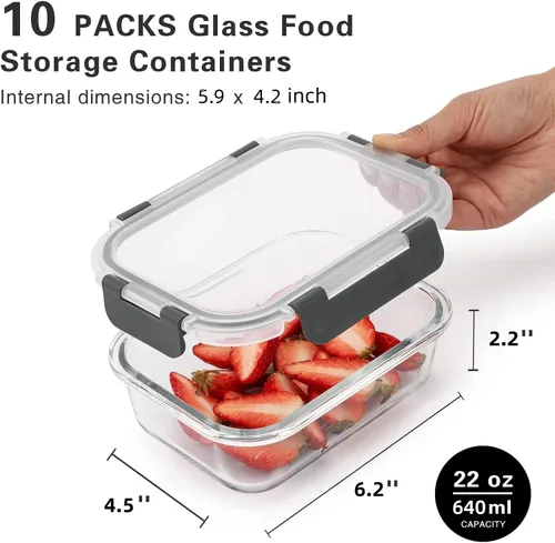 Vista 6 de Cuiselect - Paquete de 10 recipientes de 22 oz de vidrio para preparar comidas con tapas, recipientes reutilizables de vidrio para almacenar