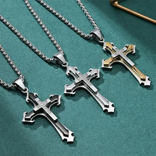 Vista 8 de Dowos Collar de cruz para hombre, collar con colgante de cruz para hombre, acero inoxidable 316L, colgante grande de cruz de Jesucristo, joyería