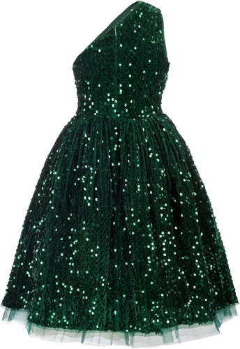 Vista 2 de GRACE KARIN Vestido de lentejuelas para niñas, vestido de fiesta de boda de un hombro con lazo para el pelo, 5-12 años