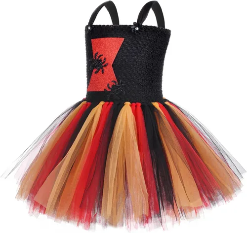 Vista 2 de LUCKYGAL Disfraz de Halloween para niñas, vestido de tutú de bruja araña, ropa de cosplay con diadema