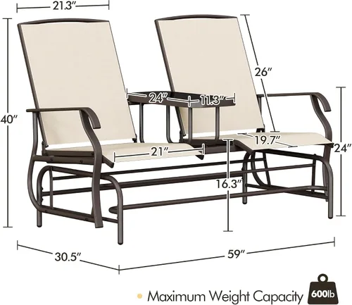Vista 3 de Yaheetech Planeador de 2 asientos para exteriores con mesa central, sofá biplaza mecedora para patio con marco de metal resistente de malla Beige