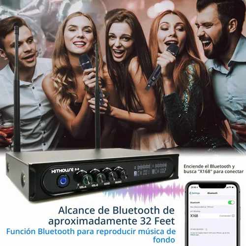 Vista 3 de S9 UHF Sistema de micrófono inalámbrico recargable para karaoke, micrófono inalámbrico dual con caja receptora Bluetooth + control de volumen ECHO
