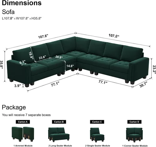 Vista 2 de Belffin Sofá modular de terciopelo en forma de L, sofá seccional convertible de gran tamaño con diván reversible para sala de estar, verde