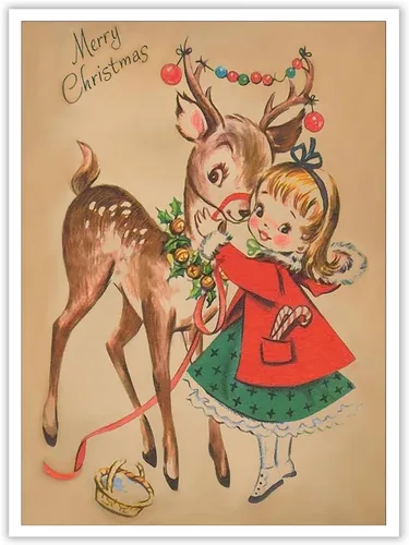 Vista 12 de Huabsad Arte de pared vintage de Navidad, regalos retro para niños, niñas lindas abrazando ciervos, impresiones estéticas de imágenes rústicas