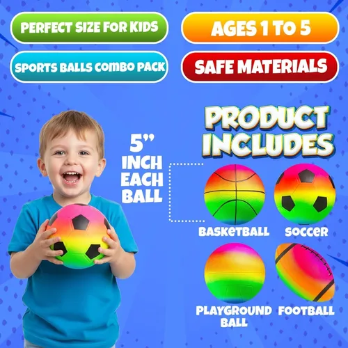 Vista 3 de Conjunto de pelotas deportivas PlayBolt (paquete de 4, 12.7 cm) - Mini baloncesto arcoíris, fútbol, fútbol americano y pelotas de patio con bomba