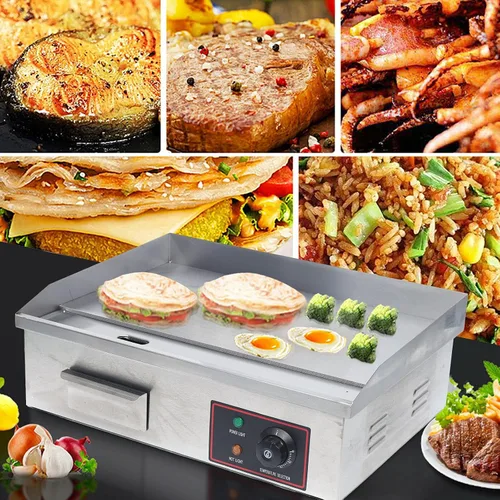 Vista 2 de TFCFL Plancha eléctrica de encimera plana, parrilla comercial de 3KW con control de temperatura ajustable, parrilla Teppanyaki de acero inoxidable