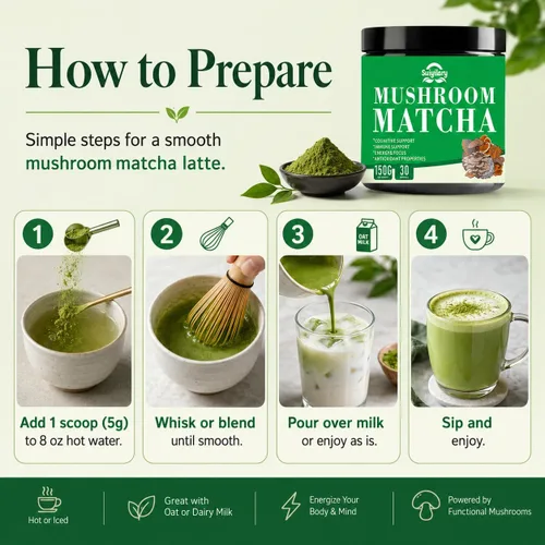 Vista 4 de Suiyilary Matcha de hongos, té matcha ceremonial en polvo con 7 hongos superalimentos, sin gluten, sabor genial matcha caliente o frío último, 5.29