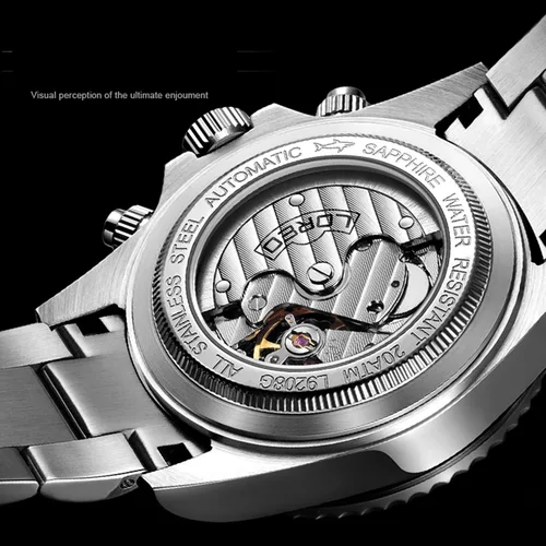 Vista 4 de LOREO Reloj impermeable multifunción de acero inoxidable plateado con cristal de zafiro para hombre