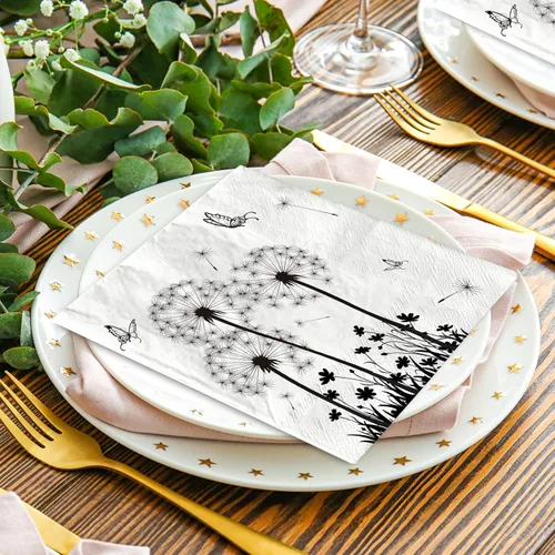 Vista 5 de AnyDesign Paquete de 100 servilletas de papel de diente de león, servilletas de almuerzo florales blancas y negras, desechables, decorativas