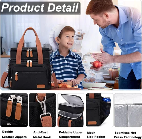Vista 5 de Weitars Lonchera para mujeres y hombres, lonchera grande con doble compartimento para hombres, lonchera para adultos, para enfermeras, oficina, Caqui