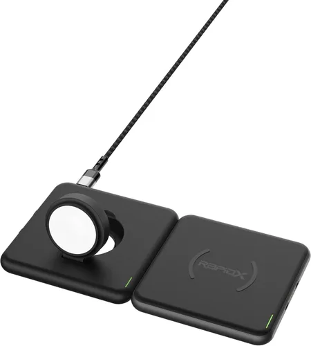 Vista 3 de RapidX Modula5 - Sistema modular de carga inalámbrica - 1 cápsula de teléfono + 1 cápsula de reloj + adaptador de 30 W, negro (modelo: RX-MP03PWA)