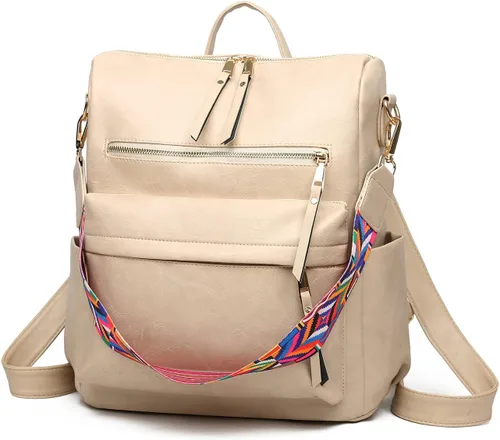 Vista 2 de Mochila para mujer bolsa de viaje de moda multiusos bolso de diseñador para mujer bolso de hombro de piel sintética Beige 123W x 134H x 63T Portátil