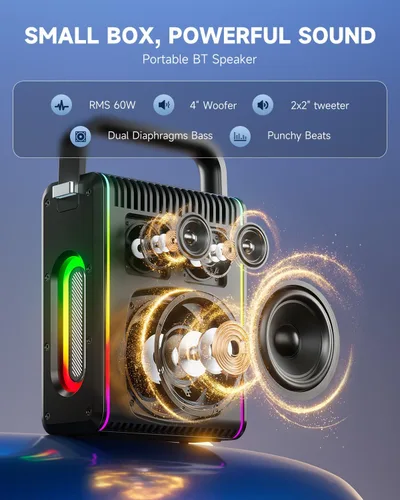 Vista 4 de Moukey MPS5 - Máquina de karaoke portátil, altavoz recargable de 200 W de potencia máxima con 2 micrófonos inalámbricos y correa, compatible con BT