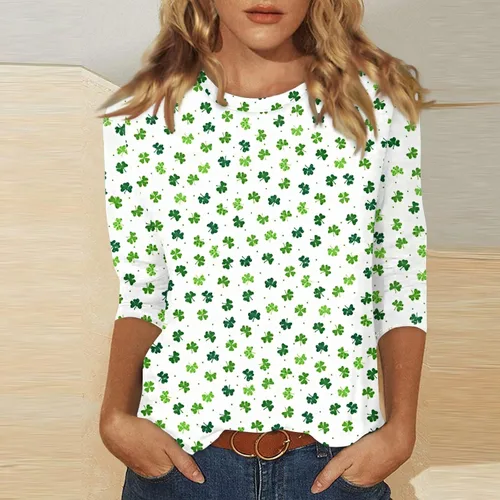 Vista 108 de Camisetas personalizadas para mujer, a la moda, casual, de séptima manga, estampada, cuello redondo, camiseta