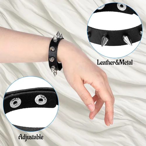 Vista 3 de Telooco 2 pulseras de espigas ajustables con tachuelas, pulseras emo negras con cierre seguro para Halloween, punk, regalo de padre