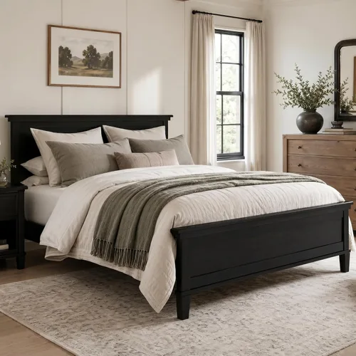 Vista 5 de Merax Base de cama de plataforma de madera de tamaño matrimonial con cabecero, cama de granja moderna de mediados de siglo, marco de cama de madera
