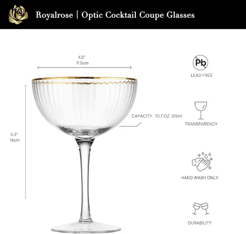 Vista 4 de Royalrose Juego de 4 vasos premium Cheerfull estriados de 10.7 onzas, borde dorado vintage, vidrio fino soplado a mano, elegantes utensilios de bar