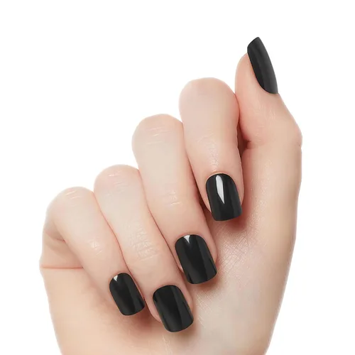 Vista 2 de KISS Gel Fantasy, uñas a presión, pegamento de uñas incluido, 'Aim High', negro, tamaño corto, forma cuadriculada, incluye 28 uñas, 0.07 onzas