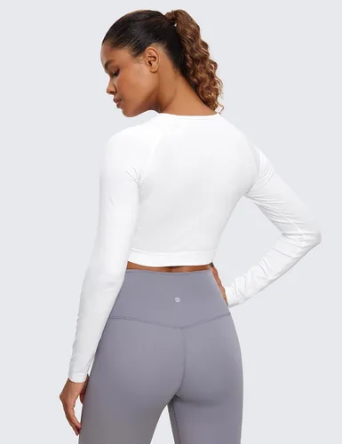 Vista 2 de CRZ YOGA Camisas de manga larga sin costuras para mujer, acanaladas, camisetas de entrenamiento atléticas, camisetas cortas para correr, gimnasio