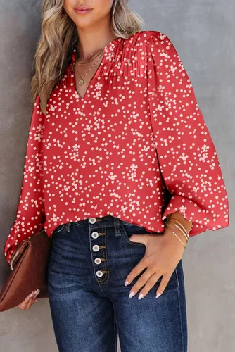 Vista 2 de Dokotoo - Camisetas de gasa para mujer, manga larga con fruncidos, cuello en V, estampado floral, blusa tipo Alicia, estilo casual y bohemio