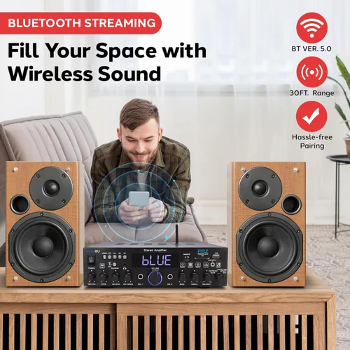 Vista 2 de Pyle Amplificador estéreo inalámbrico Bluetooth para el hogar de 200 W - Receptor de audio multicanal con óptico - Teléfono - Coaxial - FM - USB/SD