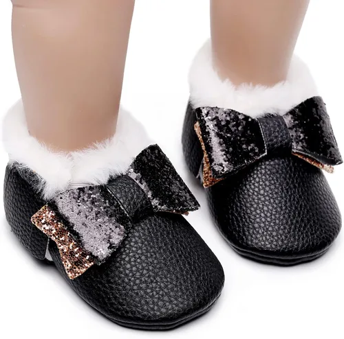 Vista 3 de Botas para niños caminantes para niñas con lazo de nieve para primer bebé zapatos anchos de felpa para bebé color negro 0-3 meses