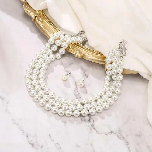 Vista 6 de BriLove Conjunto de collar y aretes colgantes de perlas simuladas para mujer
