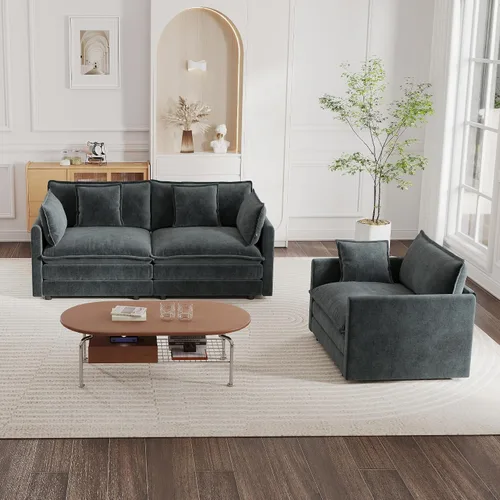 Vista 10 de mikibama Juego de sofá biplaza y sillón de lujo de 2 piezas, moderno juego de sofás nube tapizados de chenilla con 5 almohadas para sala de estar