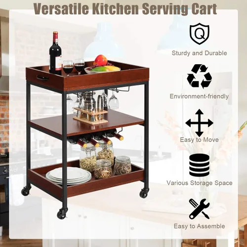 Vista 6 de Giantex Carrito de isla de cocina, carrito de estilo industrial con ruedas de 3 niveles, carrito de servicio, soporte de cocina de madera