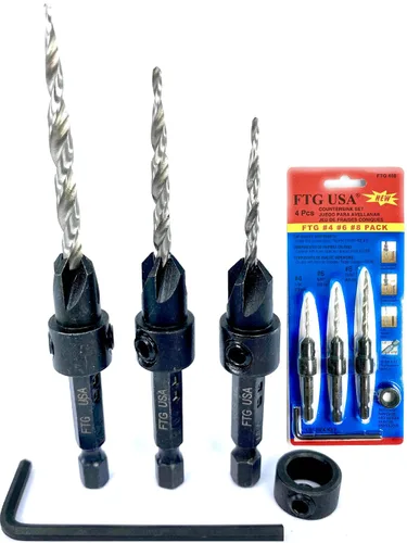 Vista 44 de FTG USA Juego de 3 brocas avellanadoras ajustables para madera #4 (7/64 pulgadas) con broca cónica para carpintería