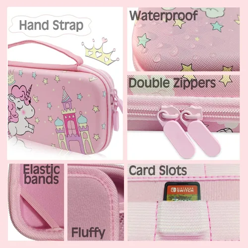 Vista 6 de Pink Unicorn Carrying Case Compatible with Nintendo Switch Lite with Crystal Glitter Soft Protective Case Cover+Screen Protector+Stickers, Hard
