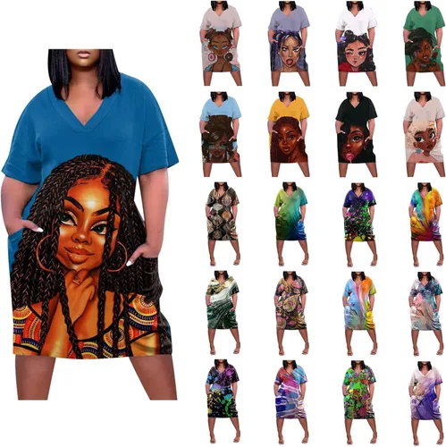 Vista 3 de BTLYUIOAPE Vestidos para mujer 2023 con estampado africano talla grande, vestido Dashiki de manga corta, cuello en V, bolsillos, vestidos hasta
