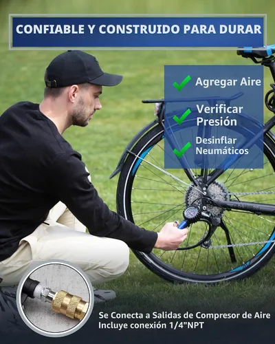 Vista 2 de Adaptador de Válvula Presta para Bomba con Pinza de Aire Desmontable de Schrader a Presta – Inflador de Neumáticos de Bicicleta Preciso y Medidor