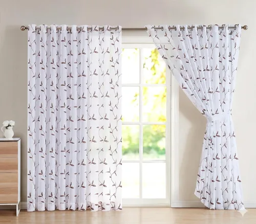 Vista 15 de Cortinas LinenZone de piso a techo para ventanas extra anchas. Cortinas transparentes blancas para divisores de habitación con bordado de hojas rosa