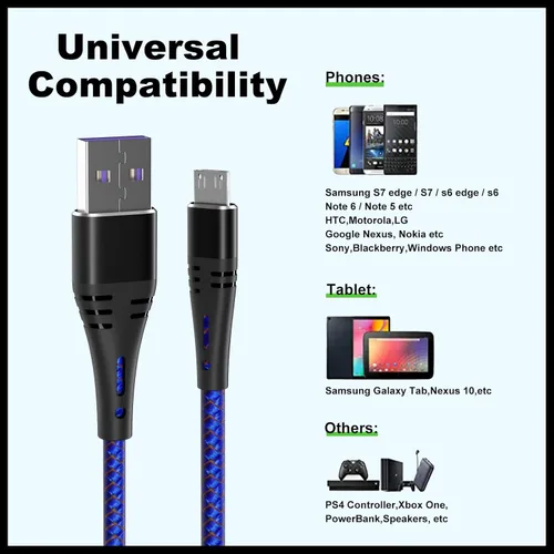 Vista 2 de Cable micro USB Android de 3 pies, paquete de 3 cargadores rápidos, cable de carga trenzado de nailon micro USB para Samsung Galaxy S6 S7 Edge, Moto