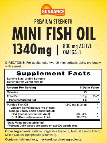 Vista 2 de Sundance Mini cápsulas blandas de aceite de pescado 1340 mg 60 unidades Controla los eructos de pescado